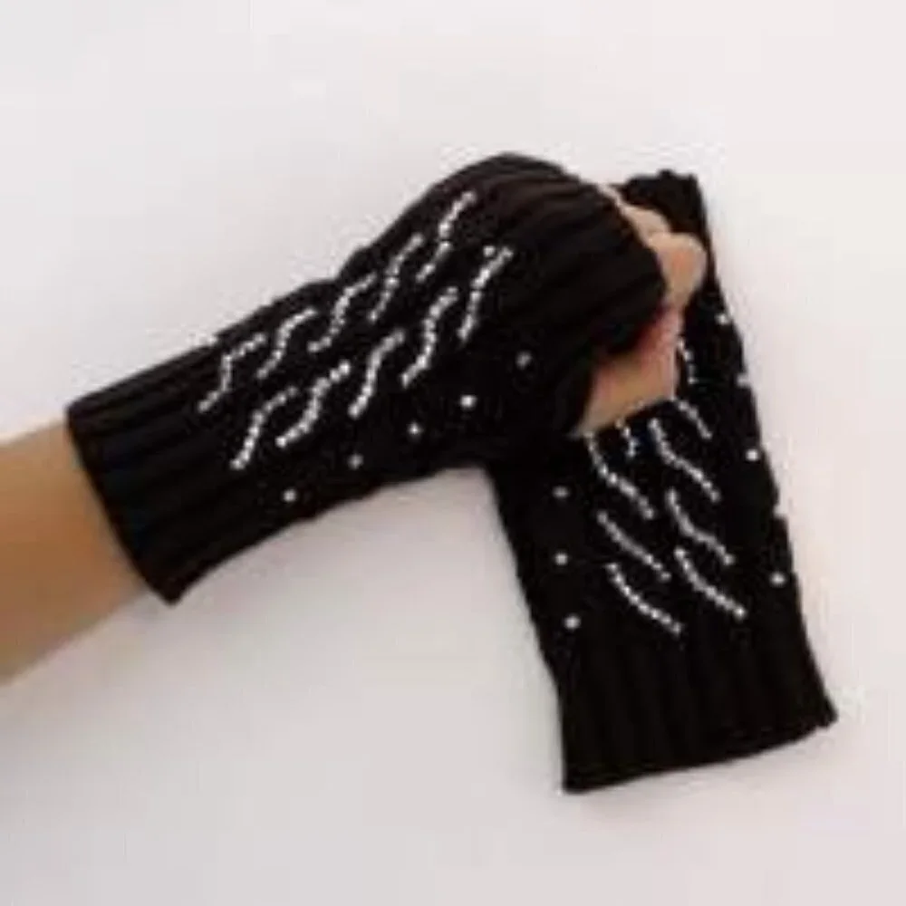 4 colors Rhinestone detailed fringerless mittens